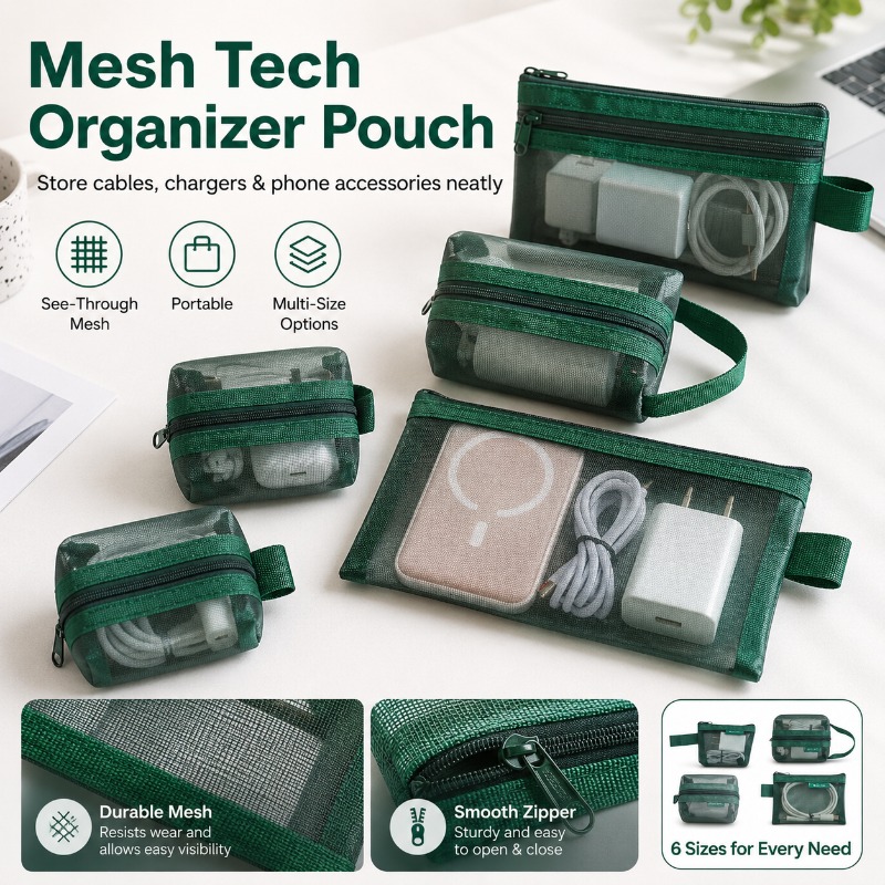 6PCS Mesh Tech Organizer Pouch - Office Tech Bag ulasan dan harga