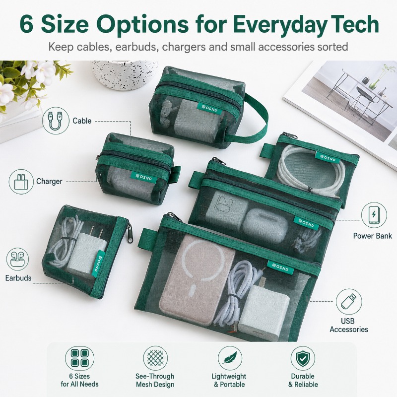 6PCS Mesh Tech Organizer Pouch - Office Tech Bag ulasan dan harga